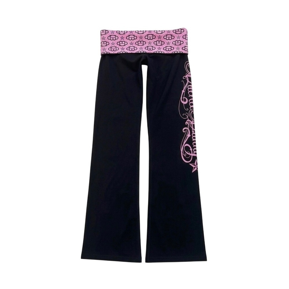 Y2K Black Pink Brass Knuckle Graphic Flare Yoga Pants Fold Over Waistband Small